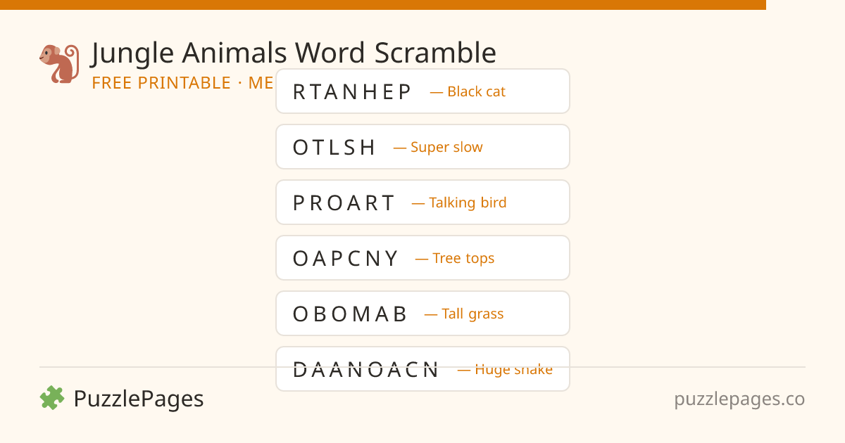 Jungle Animals Medium printable word scramble preview — free to print from PuzzlePages