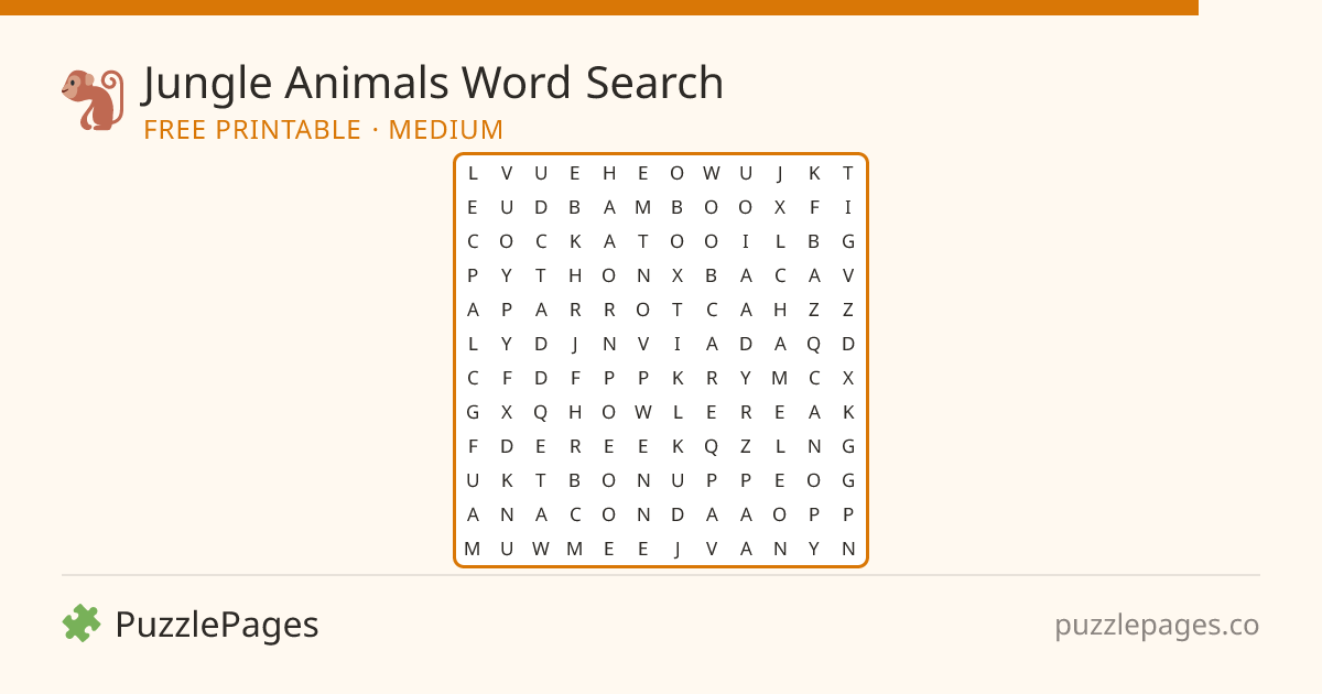 Jungle Animals Medium printable word search preview — free to print from PuzzlePages