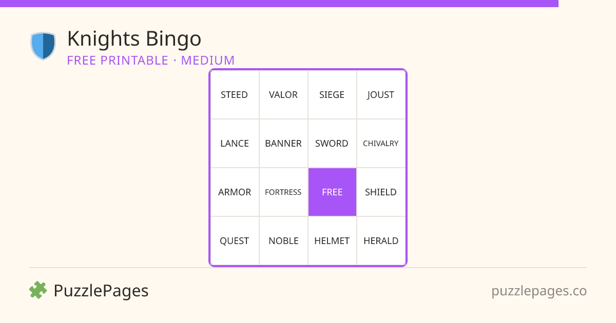 Knights Medium printable bingo preview — free to print from PuzzlePages