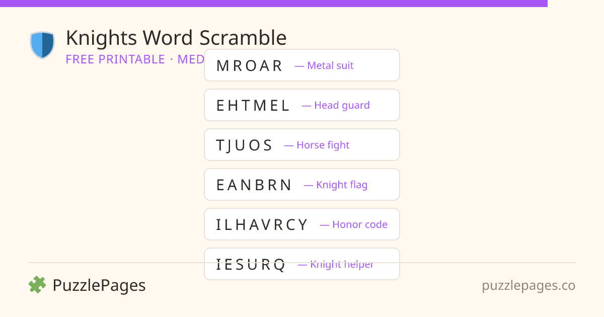 Knights Medium printable word scramble preview — free to print from PuzzlePages