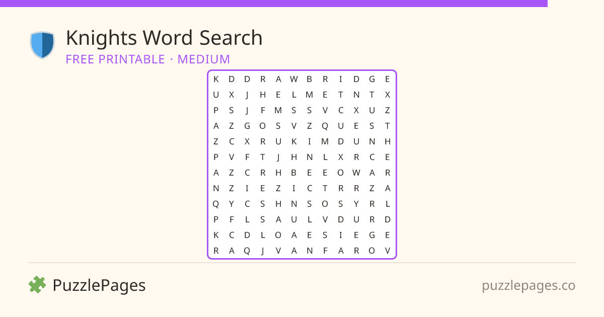 Knights Medium printable word search preview — free to print from PuzzlePages