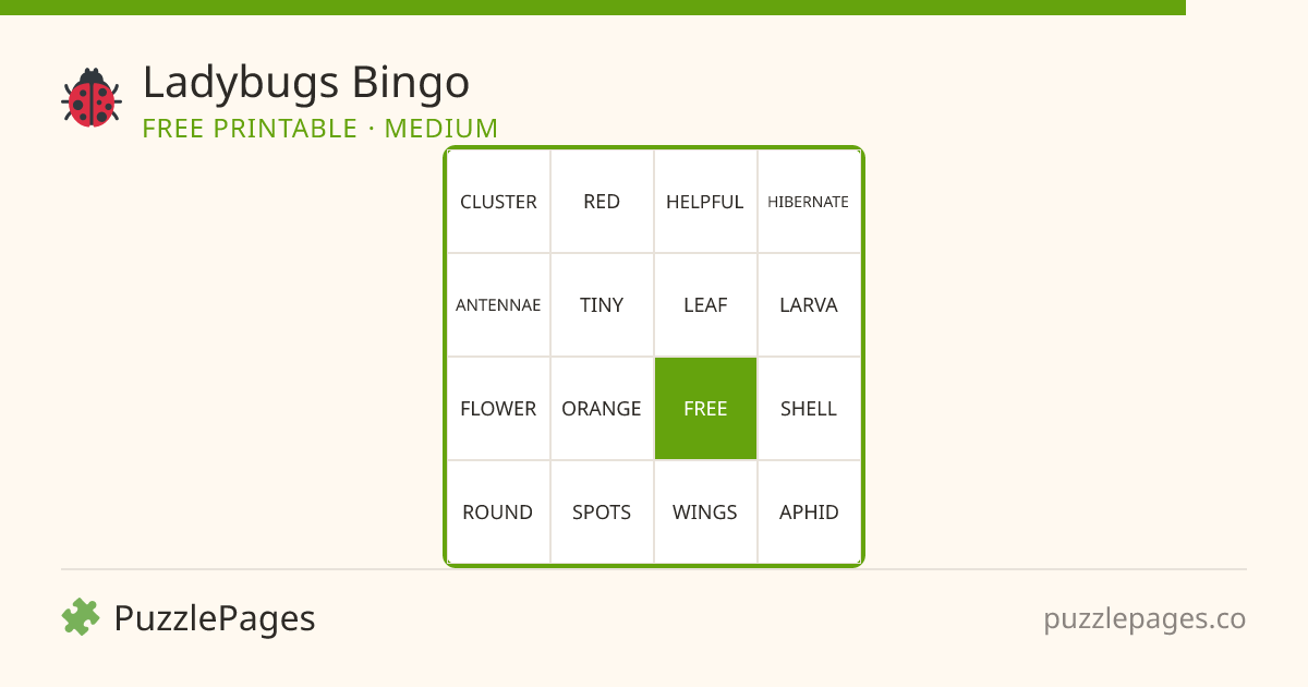 Ladybugs Medium printable bingo preview — free to print from PuzzlePages