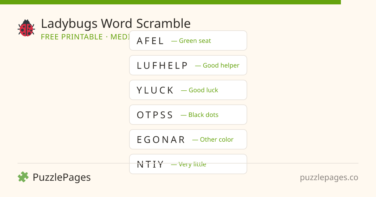 Ladybugs Medium printable word scramble preview — free to print from PuzzlePages