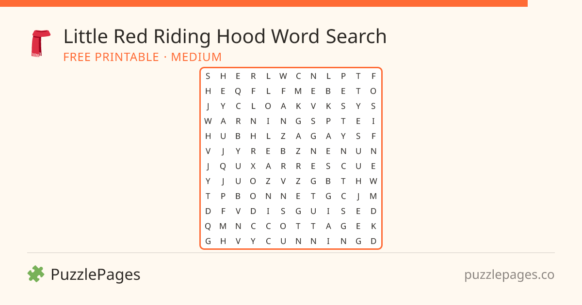 Little Red Riding Hood Medium printable word search preview — free to print from PuzzlePages