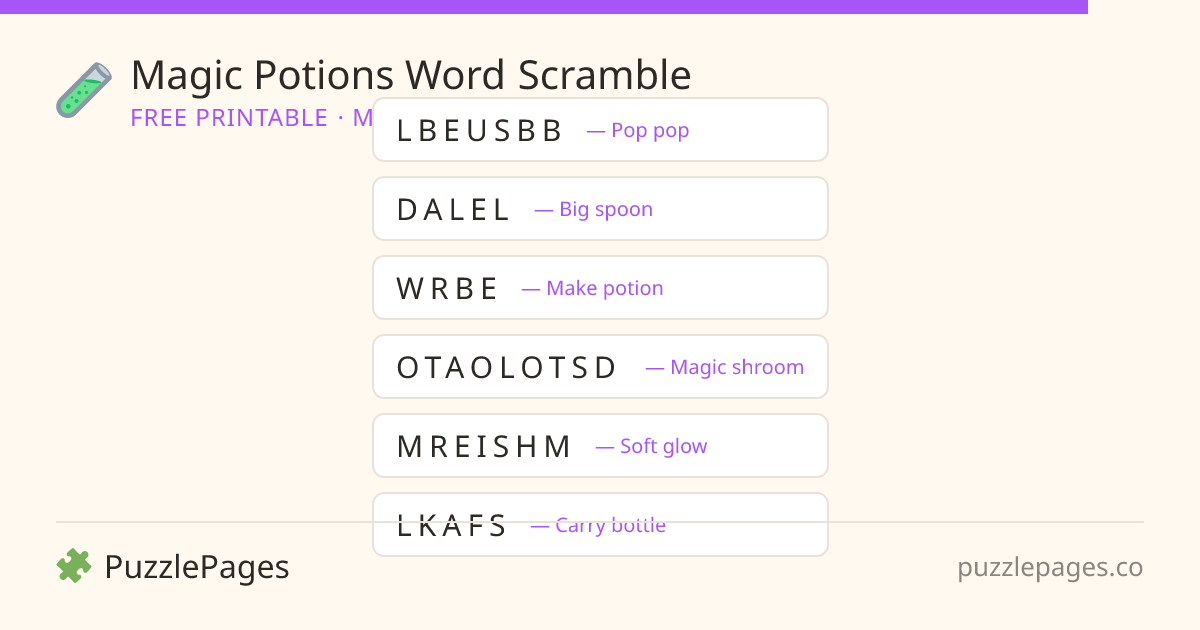 Magic Potions Medium printable word scramble preview — free to print from PuzzlePages