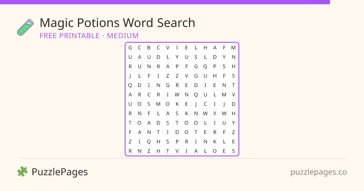Magic Potions Medium printable word search preview — free to print from PuzzlePages