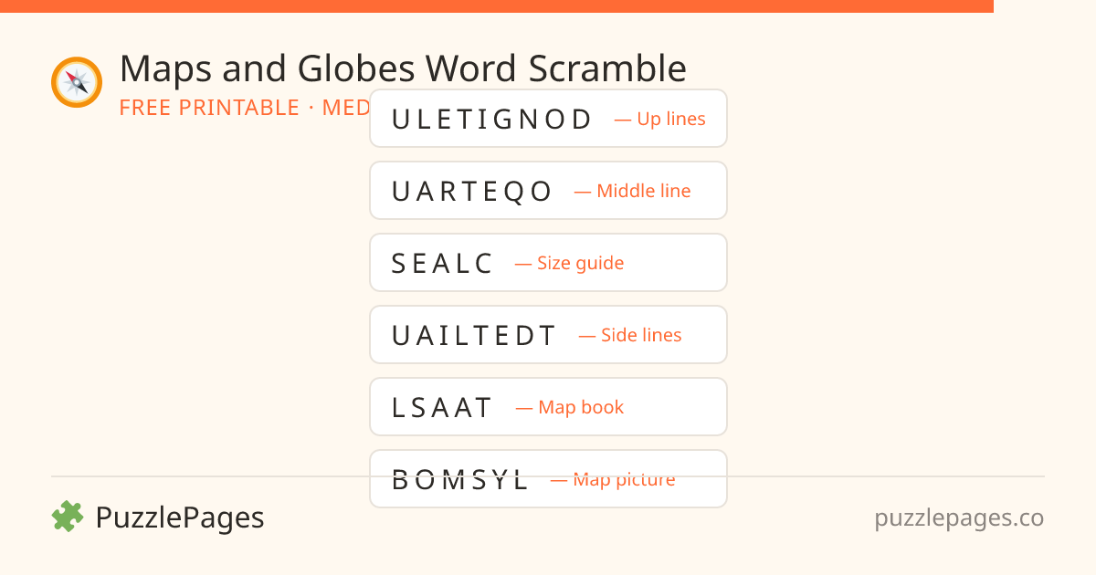 Maps and Globes Medium printable word scramble preview — free to print from PuzzlePages