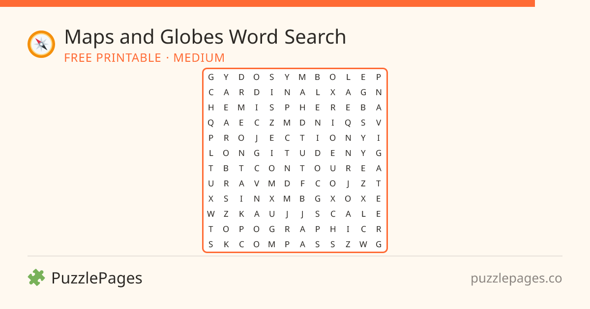 Maps and Globes Medium printable word search preview — free to print from PuzzlePages
