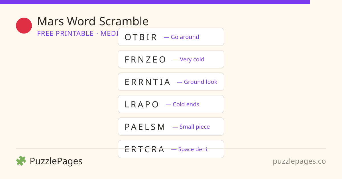 Mars Medium printable word scramble preview — free to print from PuzzlePages