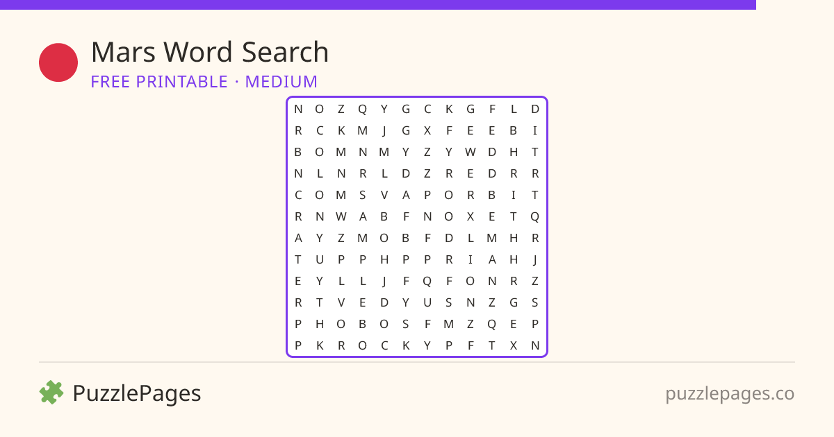 Mars Medium printable word search preview — free to print from PuzzlePages