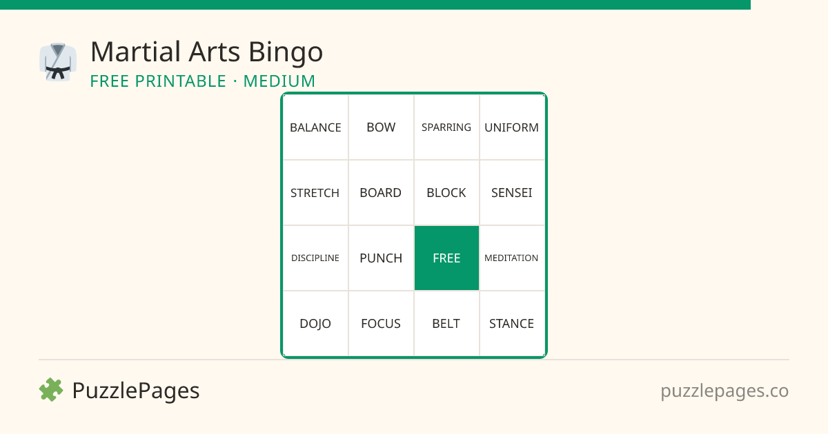 Martial Arts Medium printable bingo preview — free to print from PuzzlePages