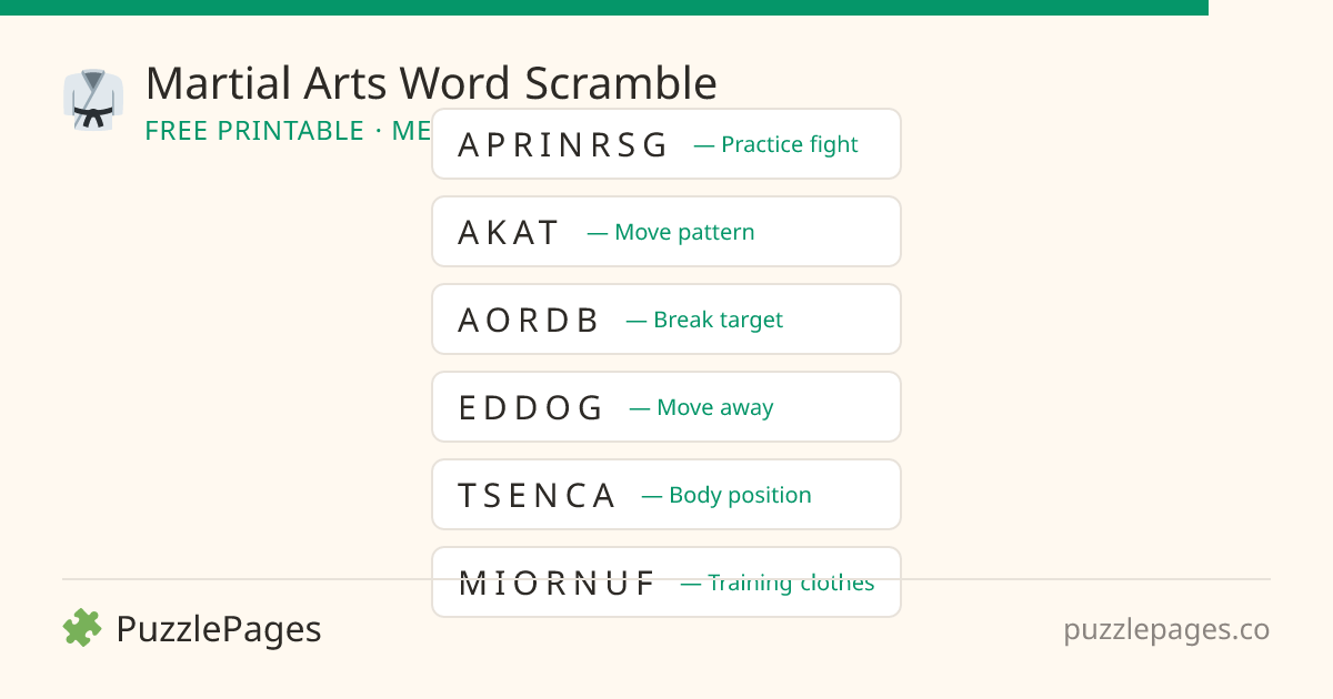 Martial Arts Medium printable word scramble preview — free to print from PuzzlePages