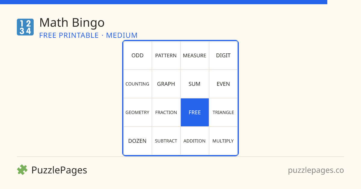 Math Medium printable bingo preview — free to print from PuzzlePages