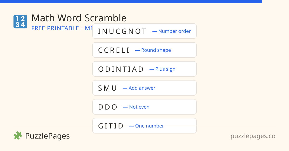 Math Medium printable word scramble preview — free to print from PuzzlePages