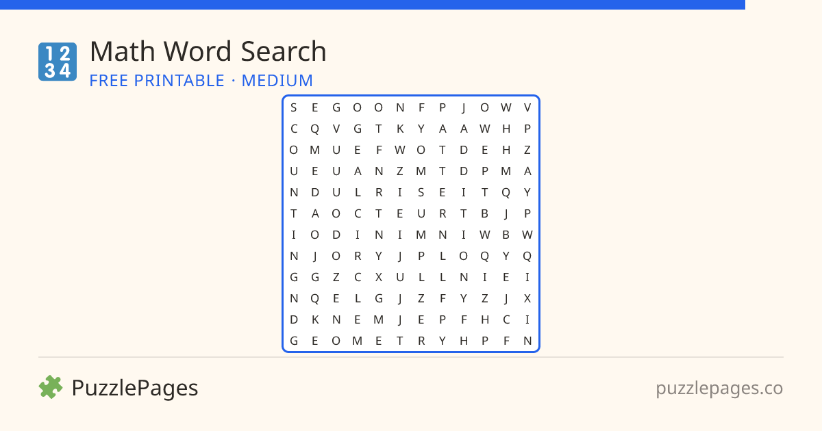 Math Medium printable word search preview — free to print from PuzzlePages