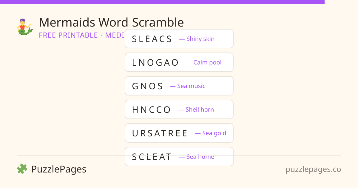 Mermaids Medium printable word scramble preview — free to print from PuzzlePages