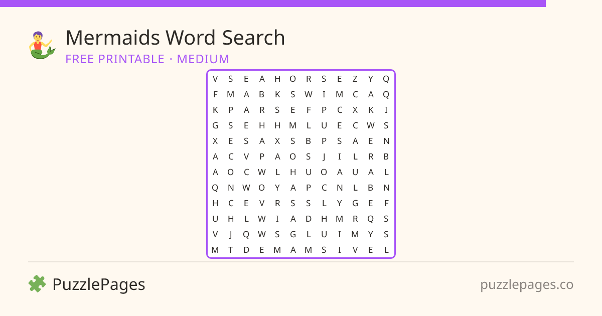 Mermaids Medium printable word search preview — free to print from PuzzlePages