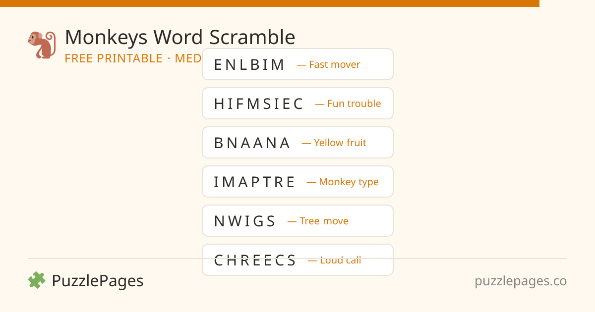 Monkeys Medium printable word scramble preview — free to print from PuzzlePages