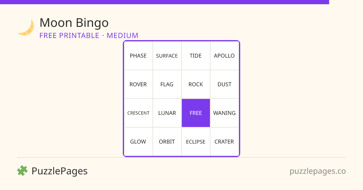 Moon Medium printable bingo preview — free to print from PuzzlePages