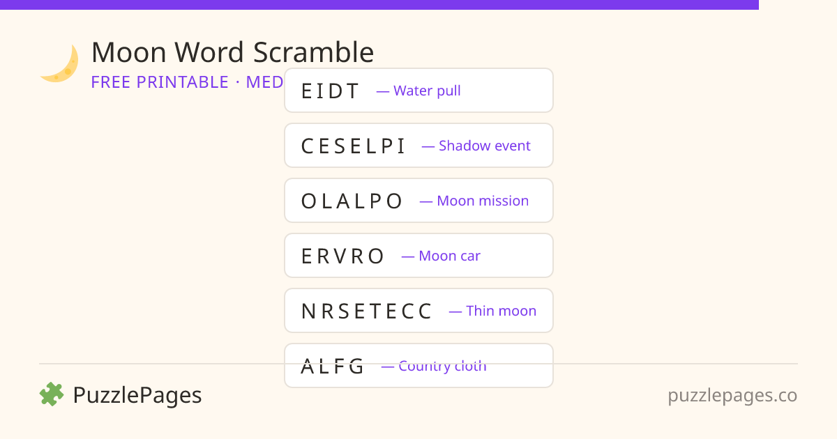 Moon Medium printable word scramble preview — free to print from PuzzlePages