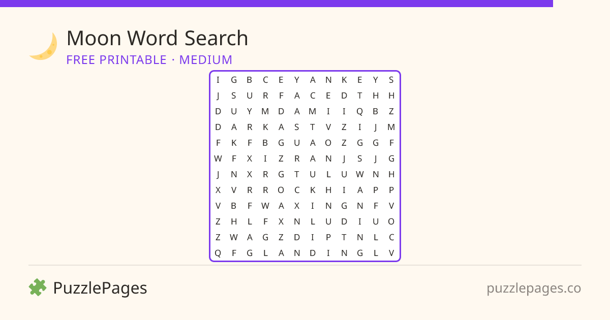 Moon Medium printable word search preview — free to print from PuzzlePages