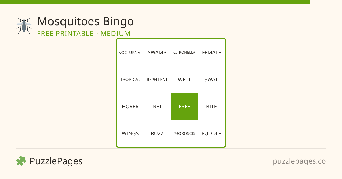Mosquitoes Medium printable bingo preview — free to print from PuzzlePages