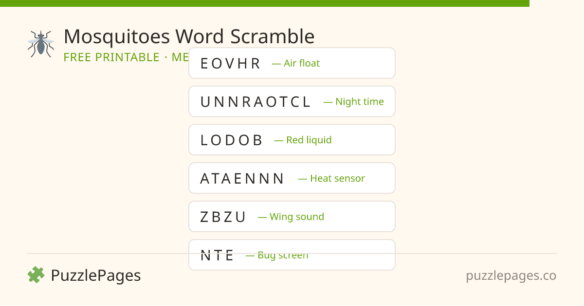 Mosquitoes Medium printable word scramble preview — free to print from PuzzlePages