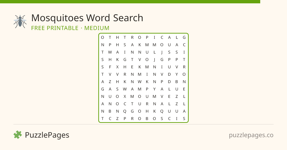 Mosquitoes Medium printable word search preview — free to print from PuzzlePages