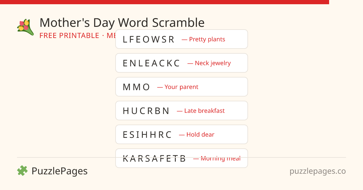 Mother's Day Medium printable word scramble preview — free to print from PuzzlePages