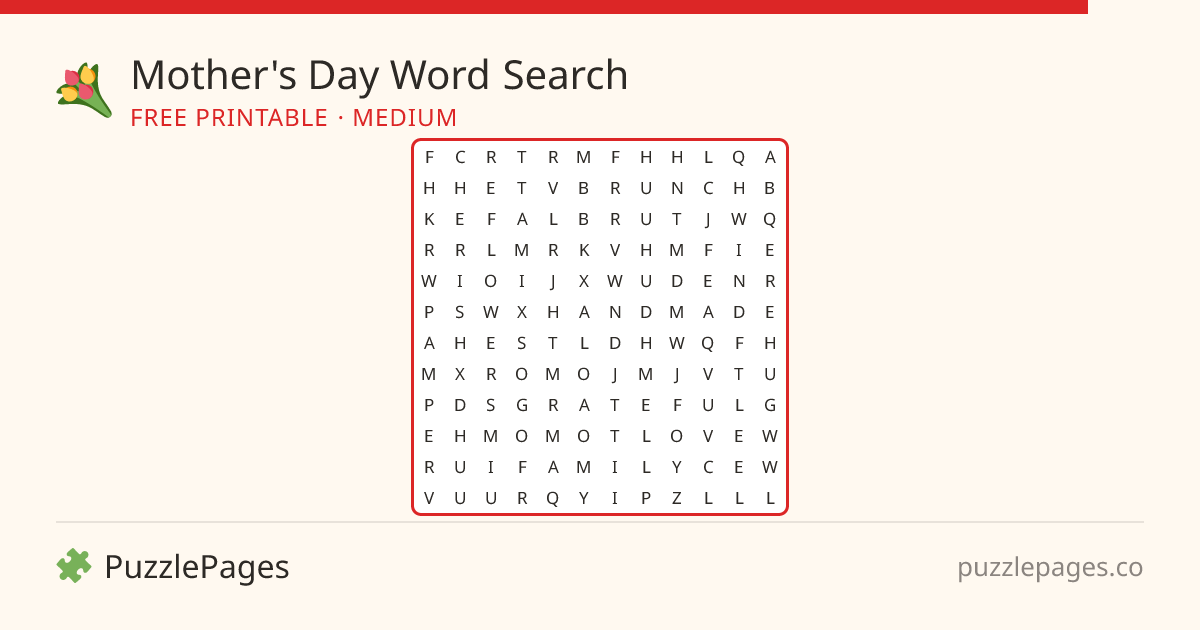Mother's Day Medium printable word search preview — free to print from PuzzlePages