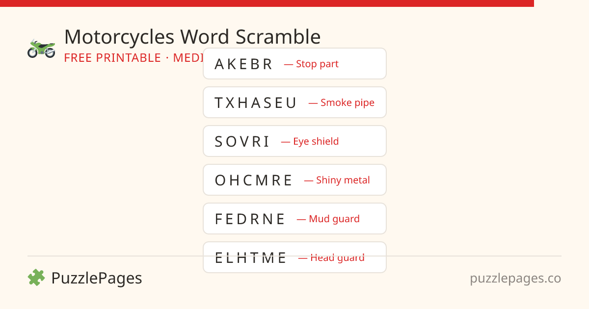 Motorcycles Medium printable word scramble preview — free to print from PuzzlePages