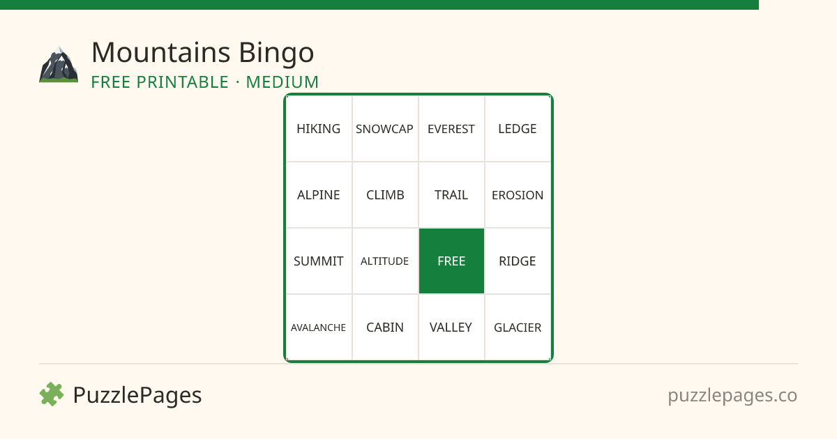 Mountains Medium printable bingo preview — free to print from PuzzlePages