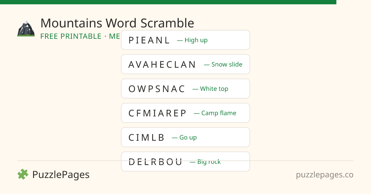Mountains Medium printable word scramble preview — free to print from PuzzlePages