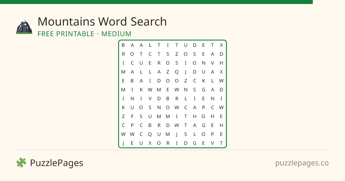 Mountains Medium printable word search preview — free to print from PuzzlePages
