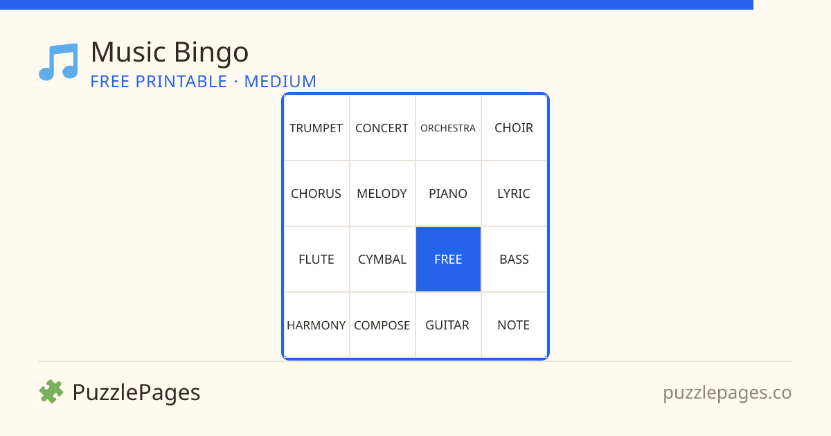 Music Medium printable bingo preview — free to print from PuzzlePages