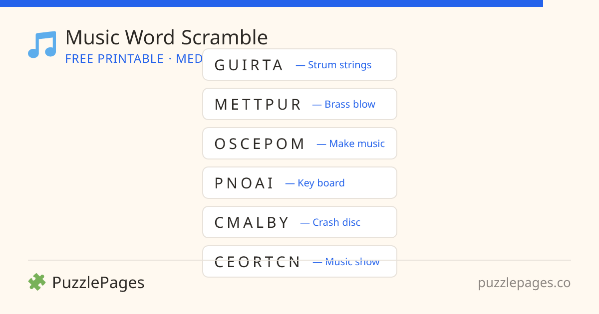 Music Medium printable word scramble preview — free to print from PuzzlePages