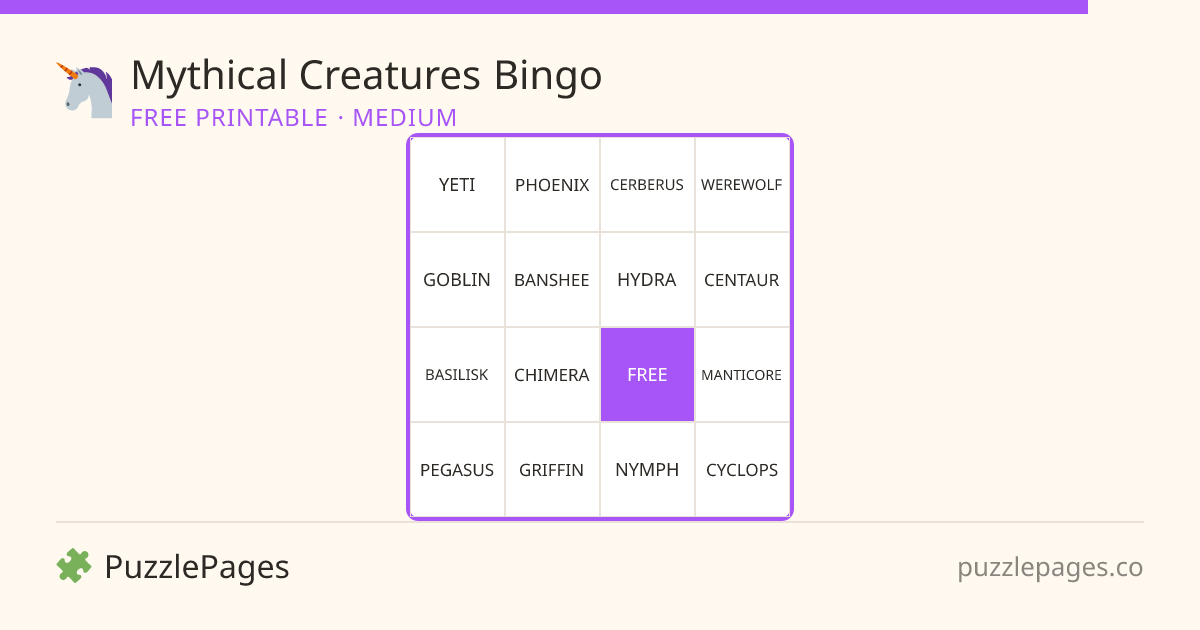 Mythical Creatures Medium printable bingo preview — free to print from PuzzlePages