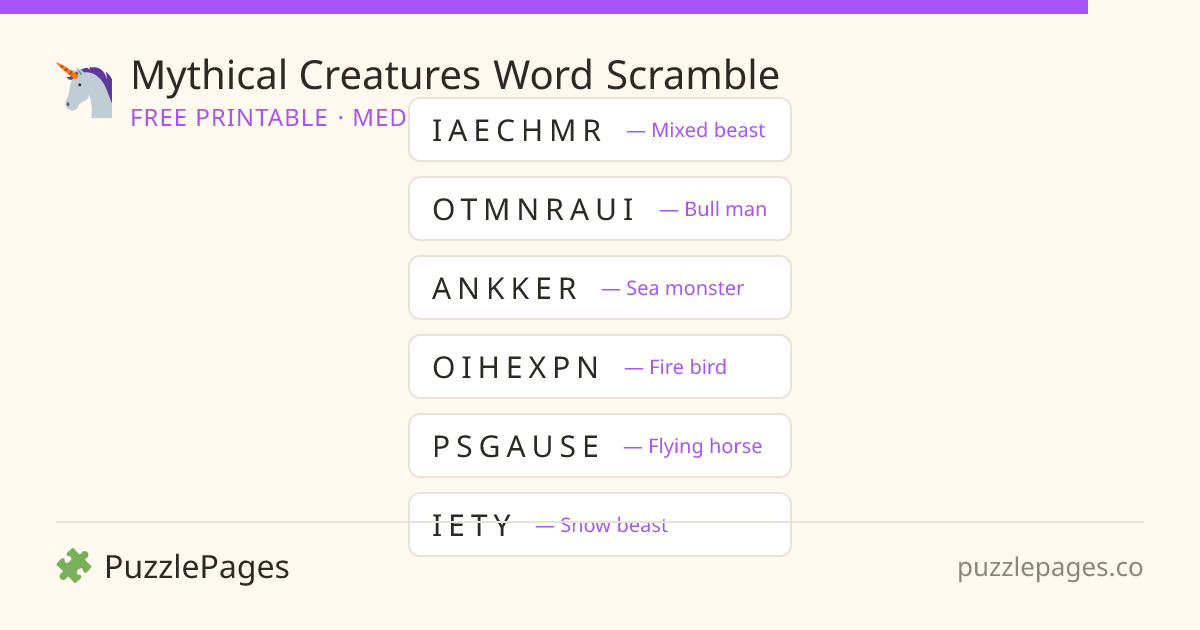 Mythical Creatures Medium printable word scramble preview — free to print from PuzzlePages