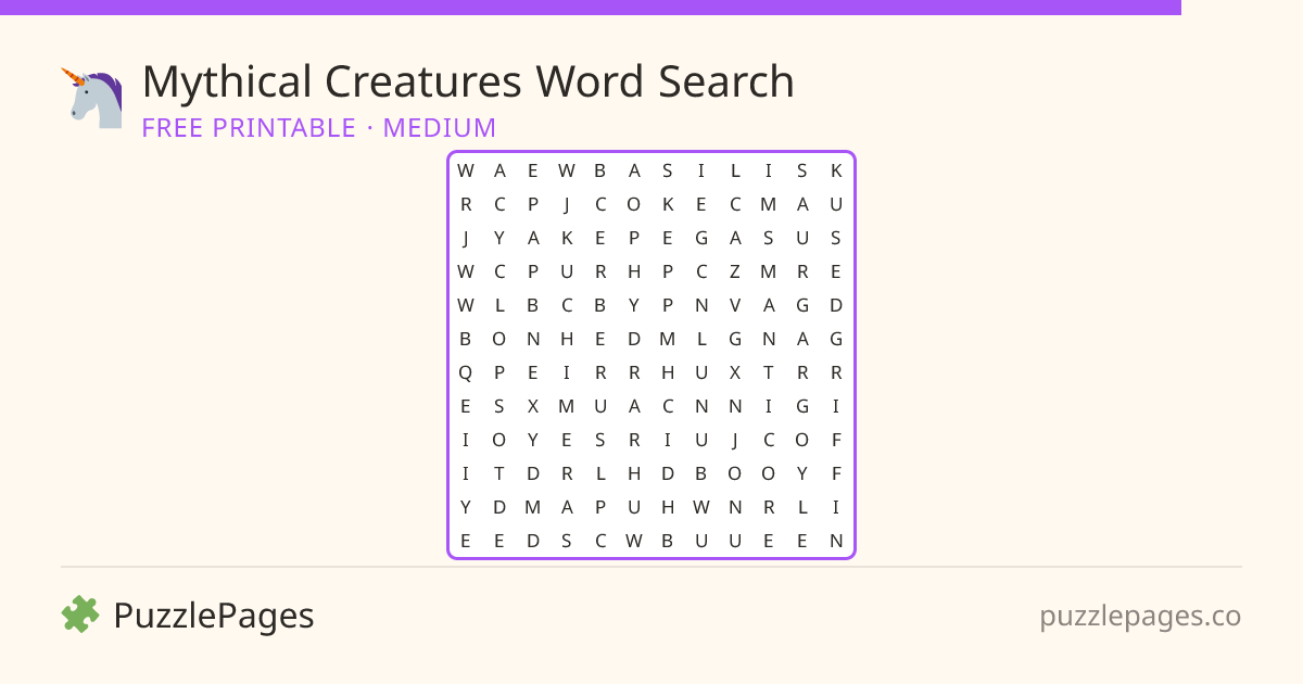 Mythical Creatures Medium printable word search preview — free to print from PuzzlePages
