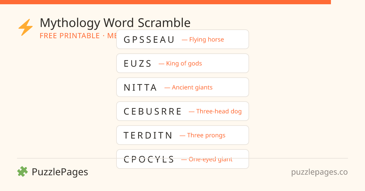 Mythology Medium printable word scramble preview — free to print from PuzzlePages