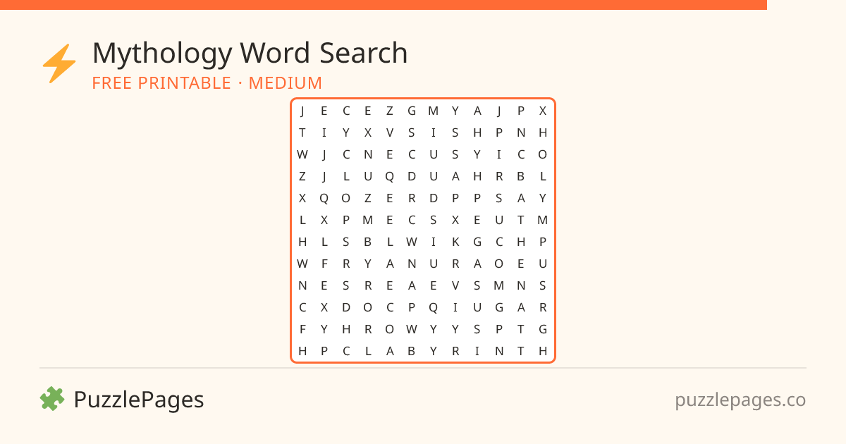 Mythology Medium printable word search preview — free to print from PuzzlePages