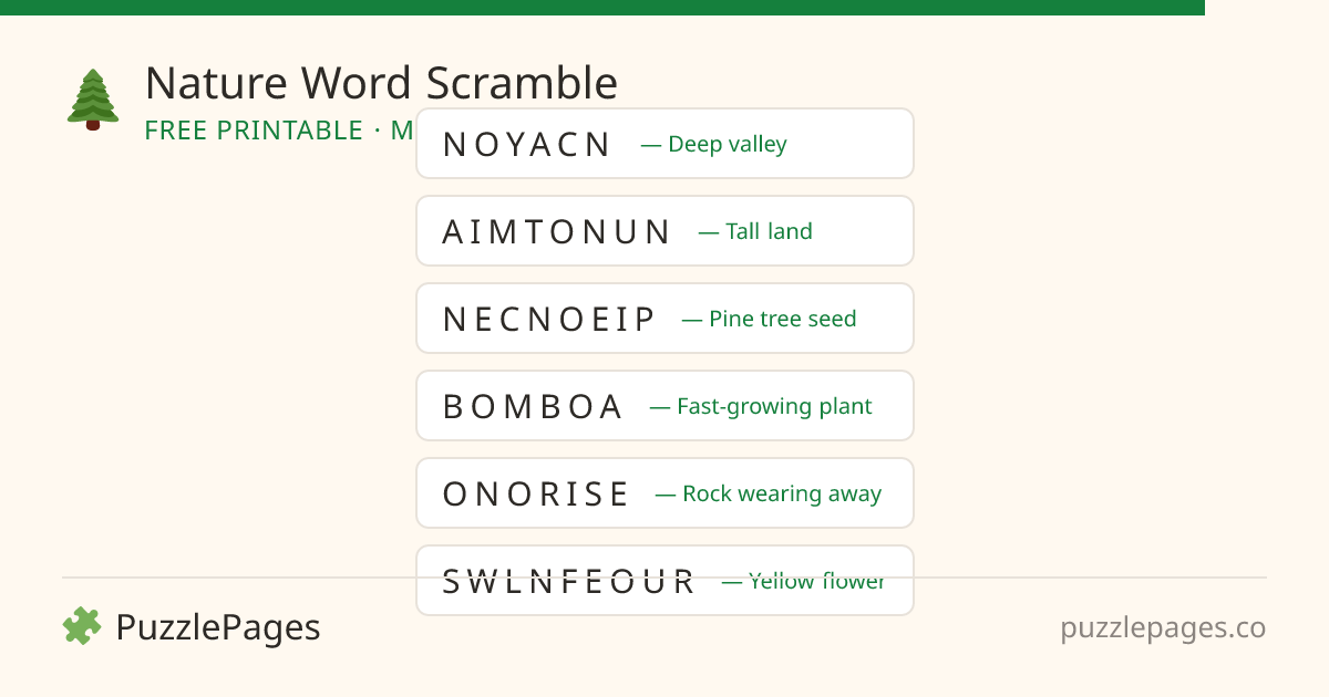 Nature Medium printable word scramble preview — free to print from PuzzlePages