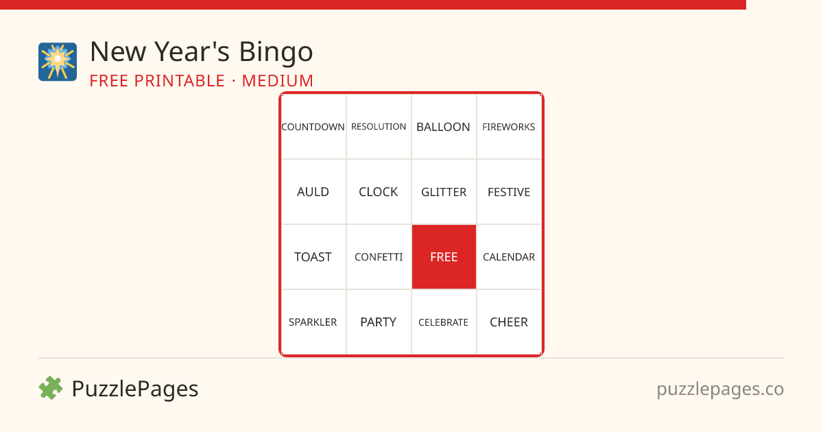New Year's Medium printable bingo preview — free to print from PuzzlePages