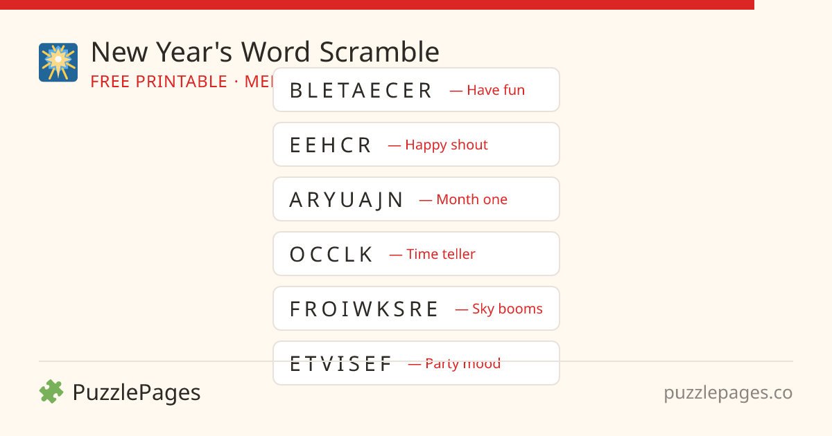 New Year's Medium printable word scramble preview — free to print from PuzzlePages