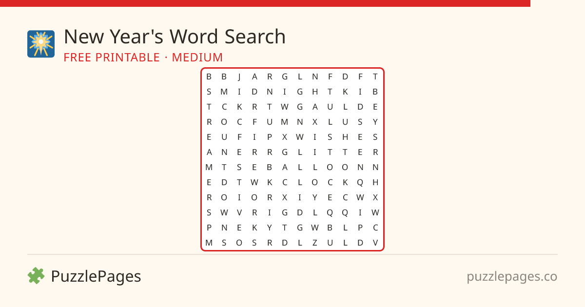 New Year's Medium printable word search preview — free to print from PuzzlePages