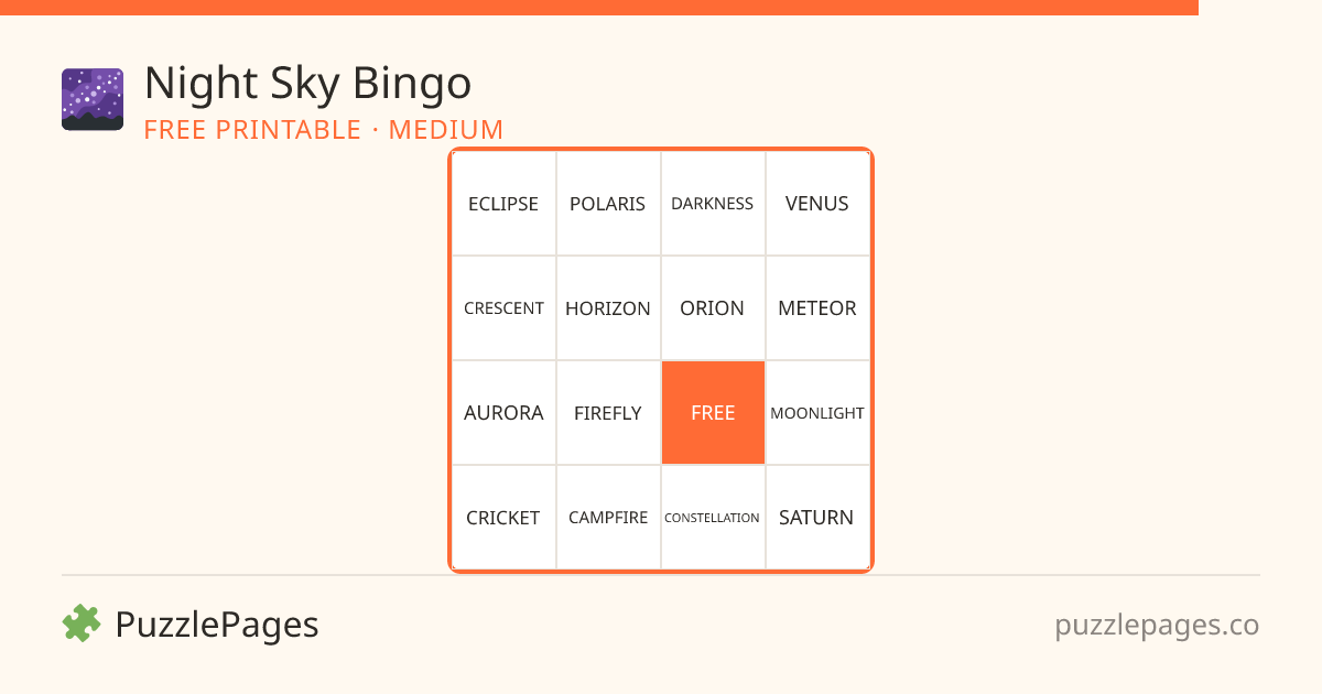 Night Sky Medium printable bingo preview — free to print from PuzzlePages