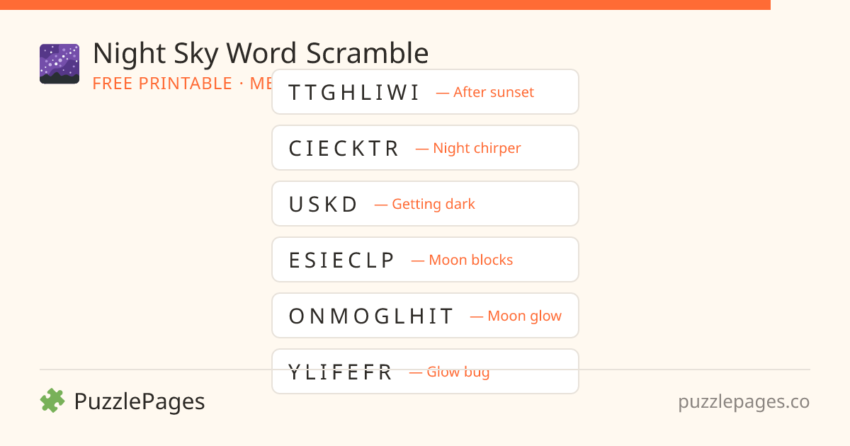 Night Sky Medium printable word scramble preview — free to print from PuzzlePages