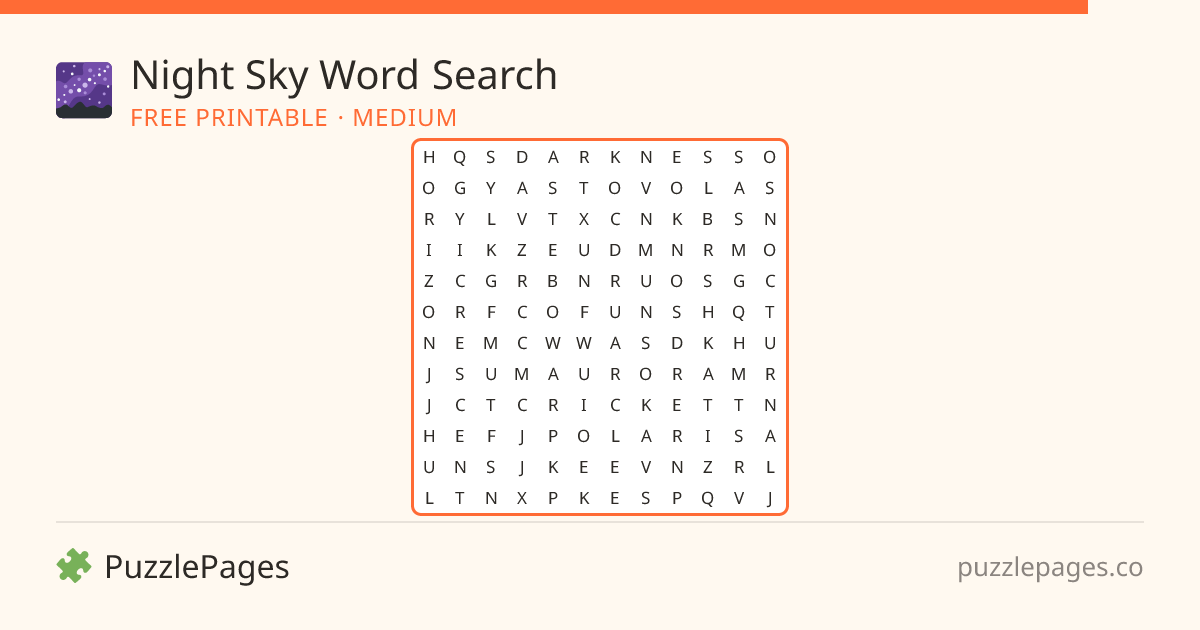 Night Sky Medium printable word search preview — free to print from PuzzlePages