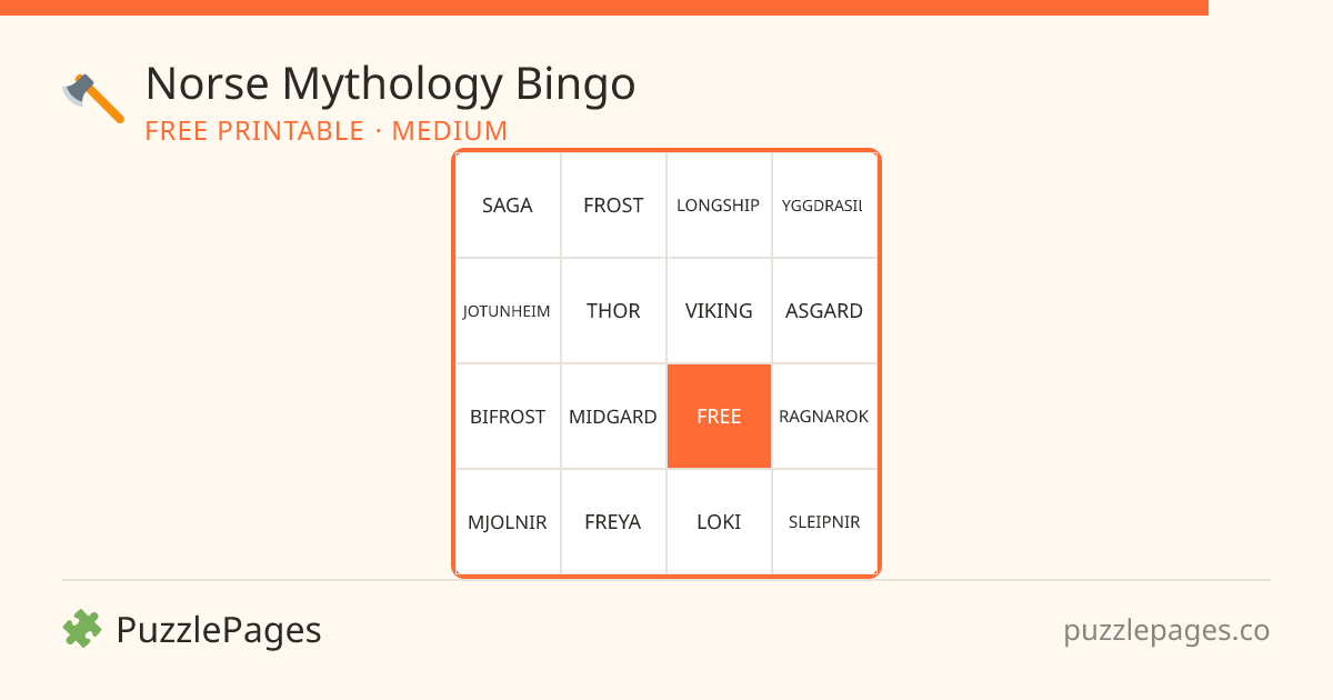 Norse Mythology Medium printable bingo preview — free to print from PuzzlePages