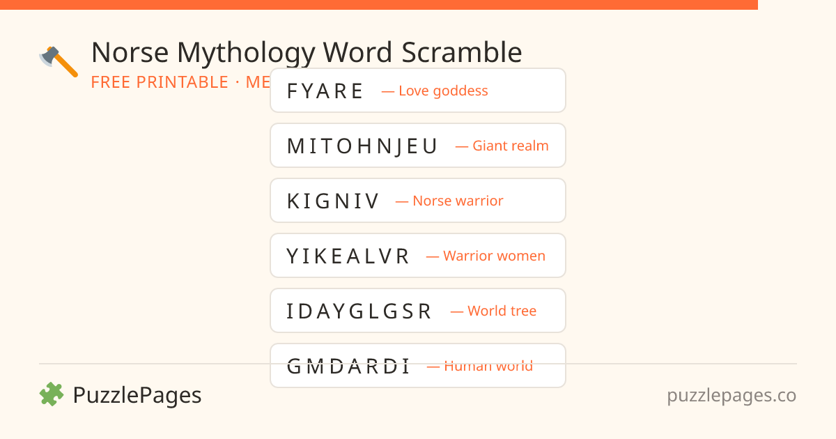 Norse Mythology Medium printable word scramble preview — free to print from PuzzlePages